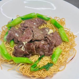 Crispy Noodles With Sliced Beef, Kai Lan Egg Wash Sauce